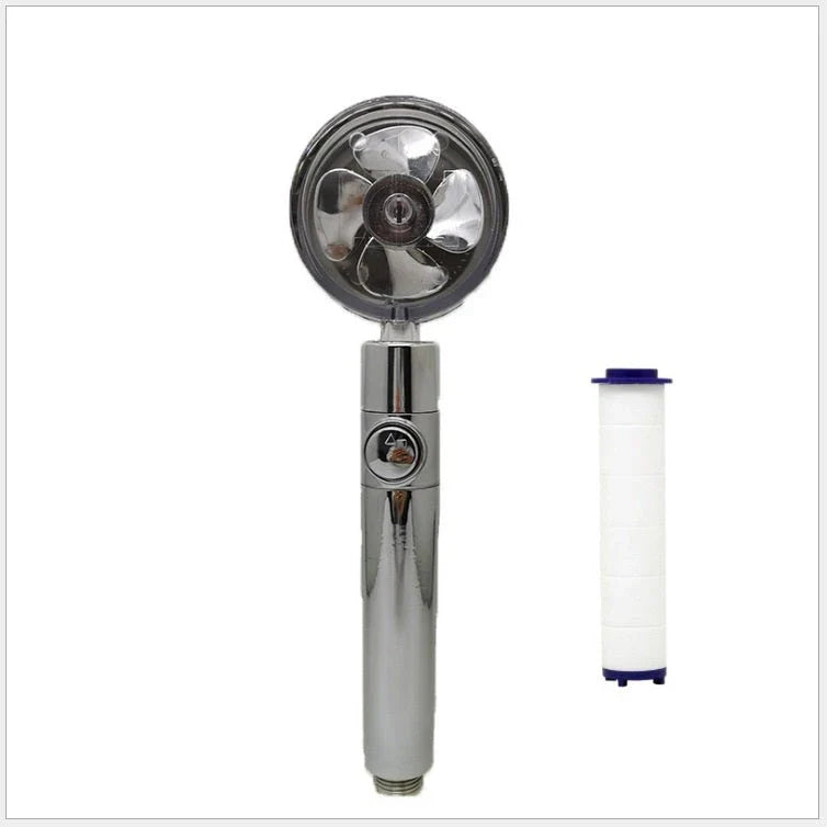 A high-pressure shower head with a stop button, cotton filter, and powerful water pressure for a luxurious bathing experience.