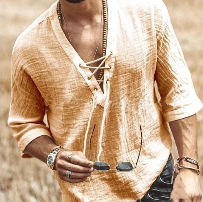 Lace-up cotton mid-sleeve t-shirt in various colours and sizes, perfect for casual and smart-casual occasions
