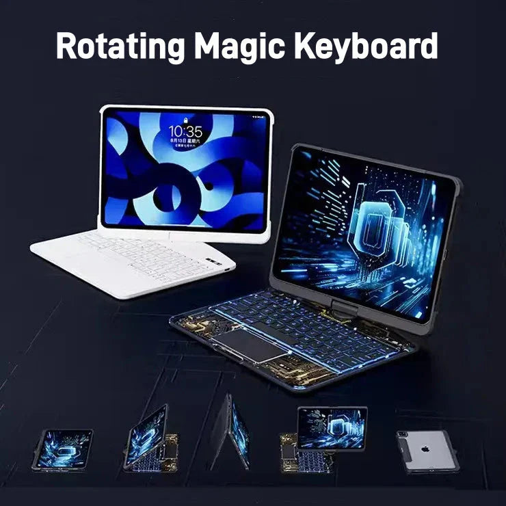 360-degree rotating keyboard case with transparent backplate and built-in Apple Pencil holder for iPad