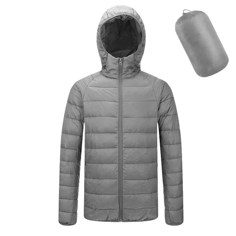Men's insulated hooded jacket in various colors and styles with adjustable hood and zippered pockets