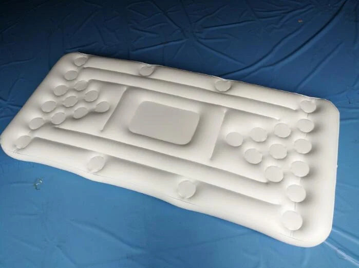 Inflatable beer pong table with built-in cooler floating in pool
