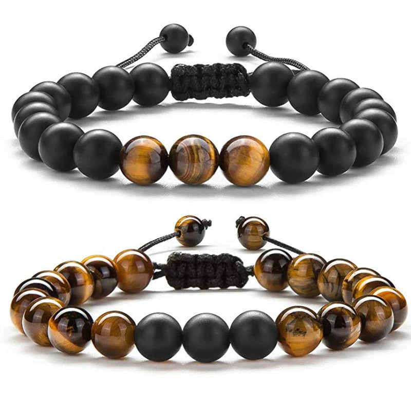Matte black agate beads and tiger eye couple bracelets with geometric design