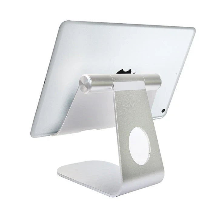 Adjustable tablet stand made of aluminium alloy with secure gripping hooks and soft protective cushions