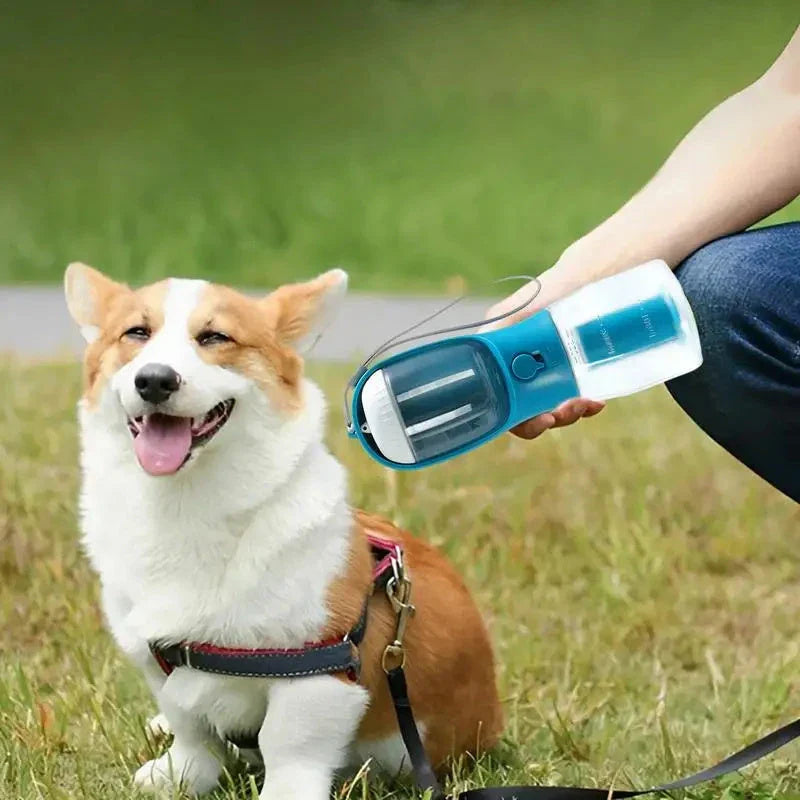 A 3-in-1 pet travel set featuring a water dispenser, food container, and waste bag holder in various color options