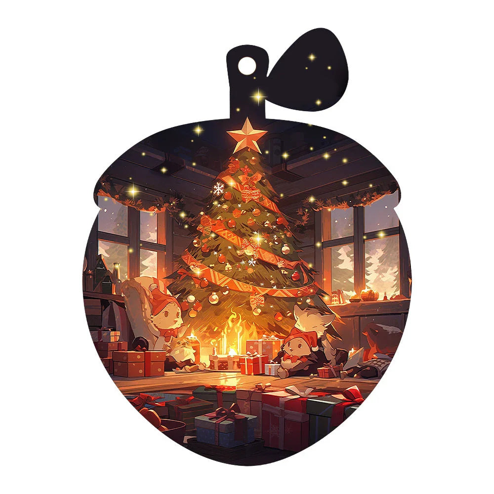 Festive car ornament hanging from rearview mirror with Christmas designs