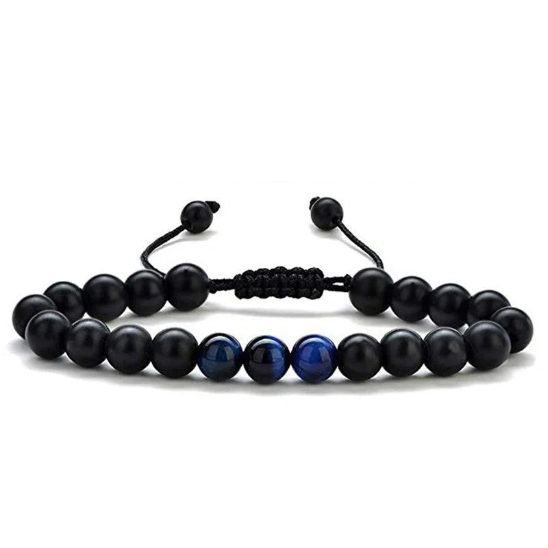 Matte black agate beads and tiger eye couple bracelets with geometric design