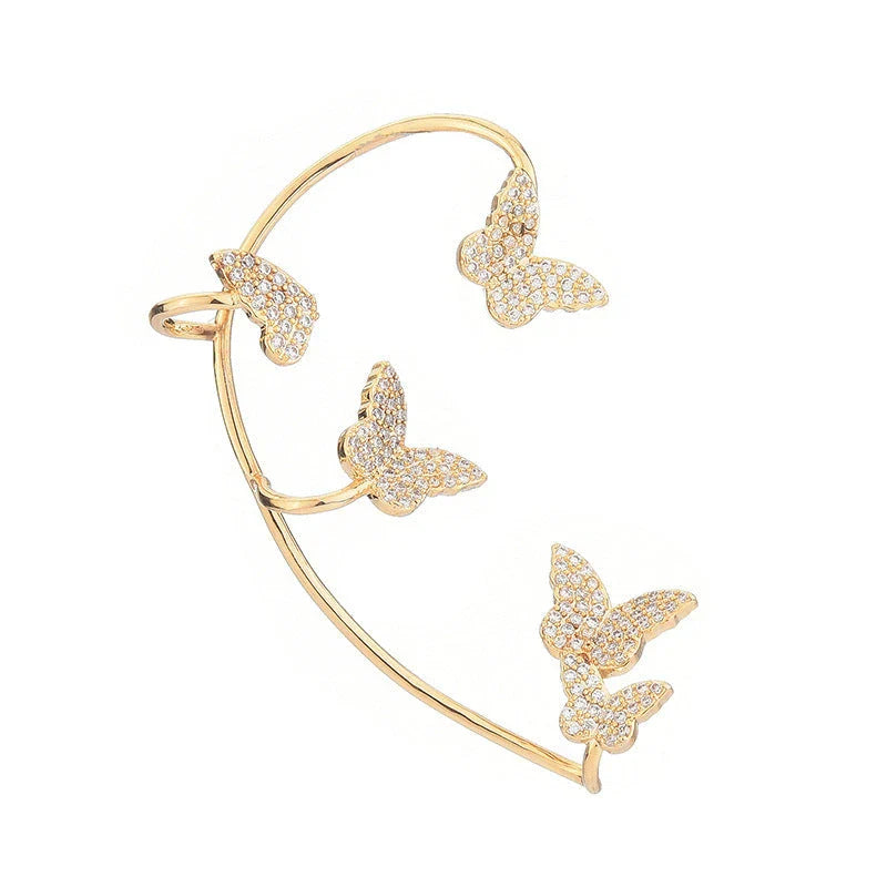 Sparkling butterfly-shaped ear cuffs with zirconia stones, available in gold and silver alloy finishes