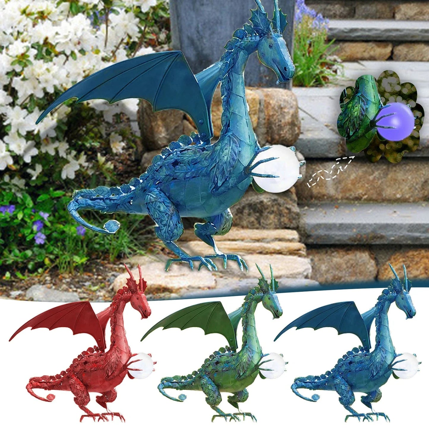Enchanting green dragon garden statue with serene expression and solar-powered illuminating orb