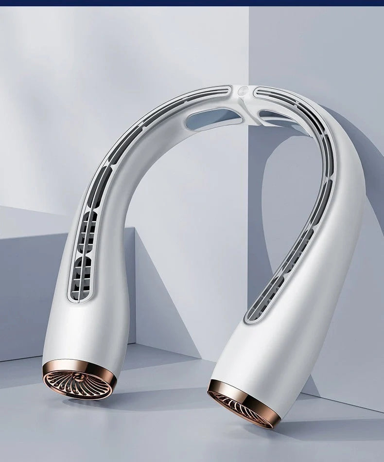 Neck-mounted bladeless fan with imitation aircraft turbine design, dual air outlets, and chilled aluminium sheets for rapid cooling