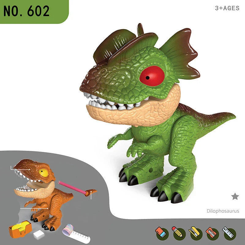 Multifunctional dinosaur-shaped desk organizer with pencil holder, eraser, ruler, and other office supplies