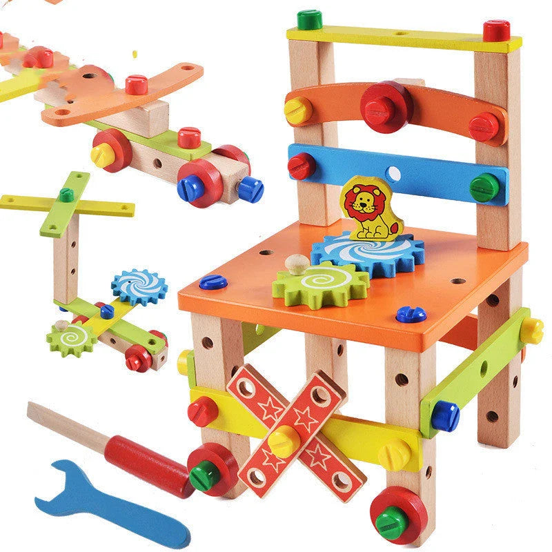 Premium quality wooden building block chair toy for children, featuring smooth surfaces and innovative nut-based assembly system for endless creative possibilities.