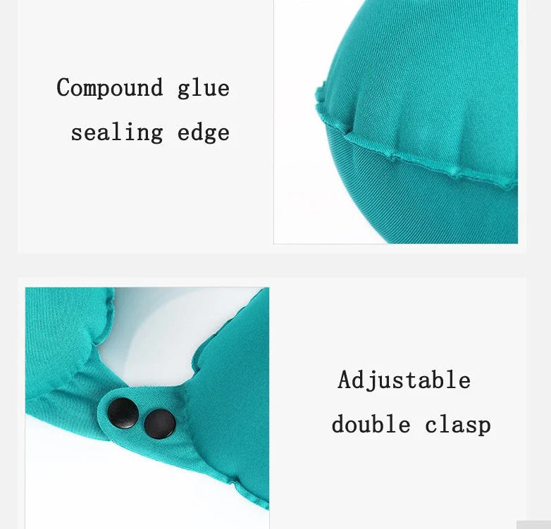 Inflatable travel pillow with U-shaped design for neck and head support, available in multiple colors