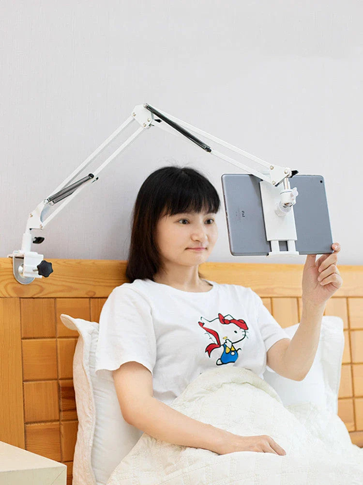 Versatile desktop phone and tablet holder with adjustable arm and 360-degree rotation for easy device positioning