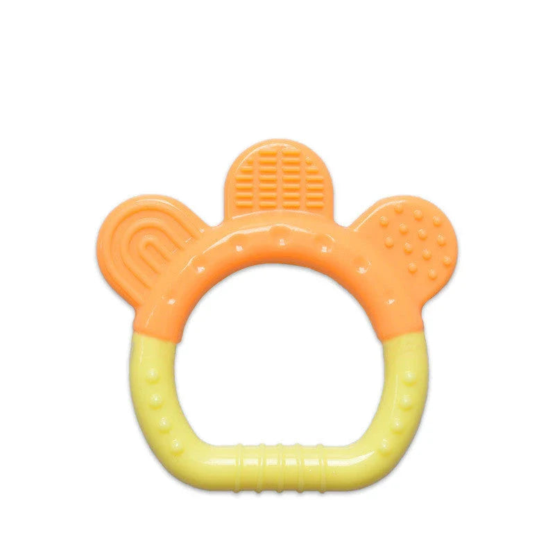 Soft silicone fruit-shaped teething toy for infants and toddlers to soothe sore gums during the teething process