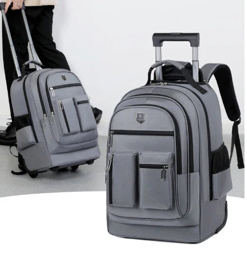 Durable, waterproof trolley backpack with single-directional wheel for smooth mobility and ample storage space for British travellers