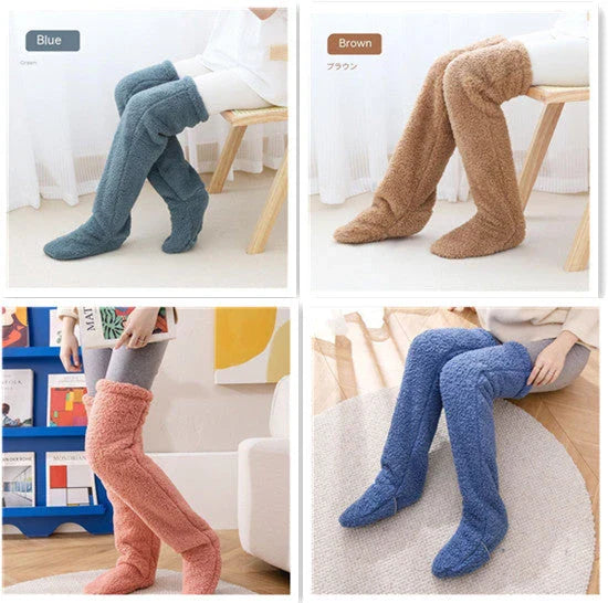 Cozy over-the-knee fuzzy socks in various colors, including brown, blue, dark gray, and pink purple