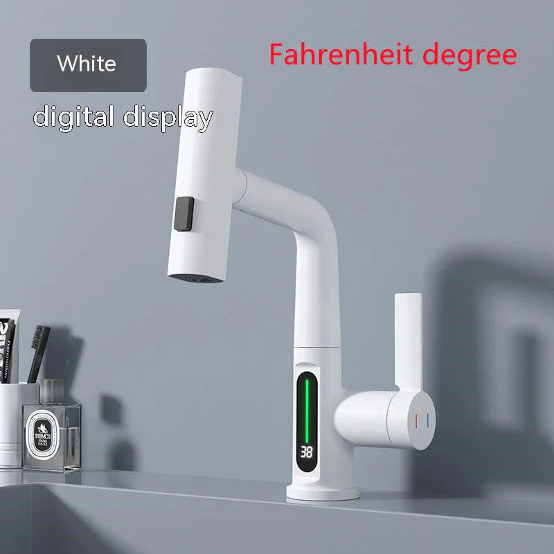 Versatile digital kitchen faucet with temperature display, 360-degree swivel, and pull-out design for enhanced maneuverability and precise water temperature control