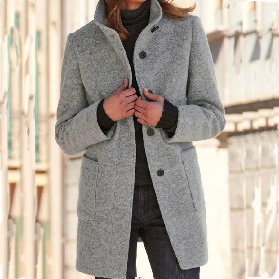 Fashionable wool coat with stand collar and pockets for women's fall/winter outerwear
