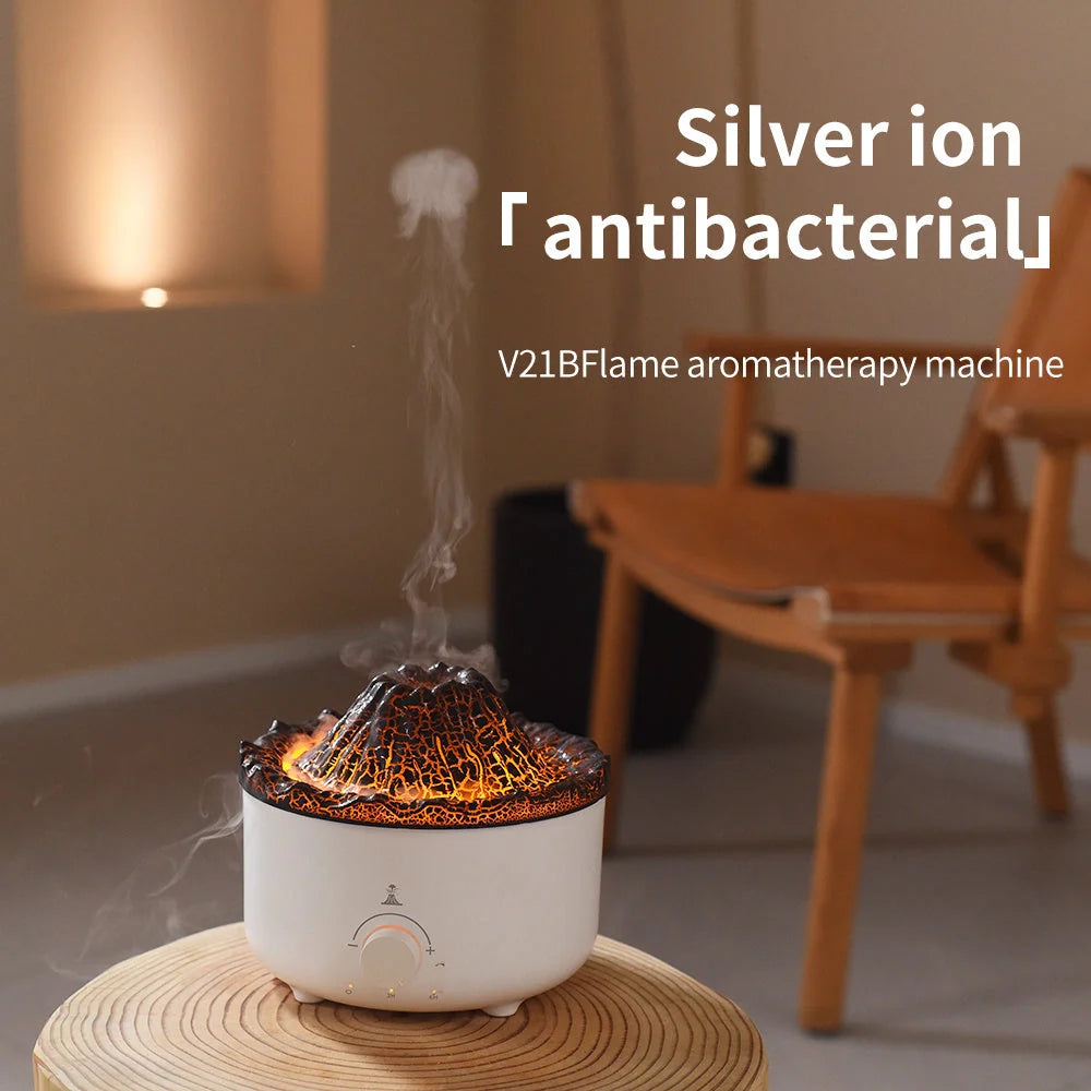 Small simulated flame volcano humidifier with aroma diffuser and remote control