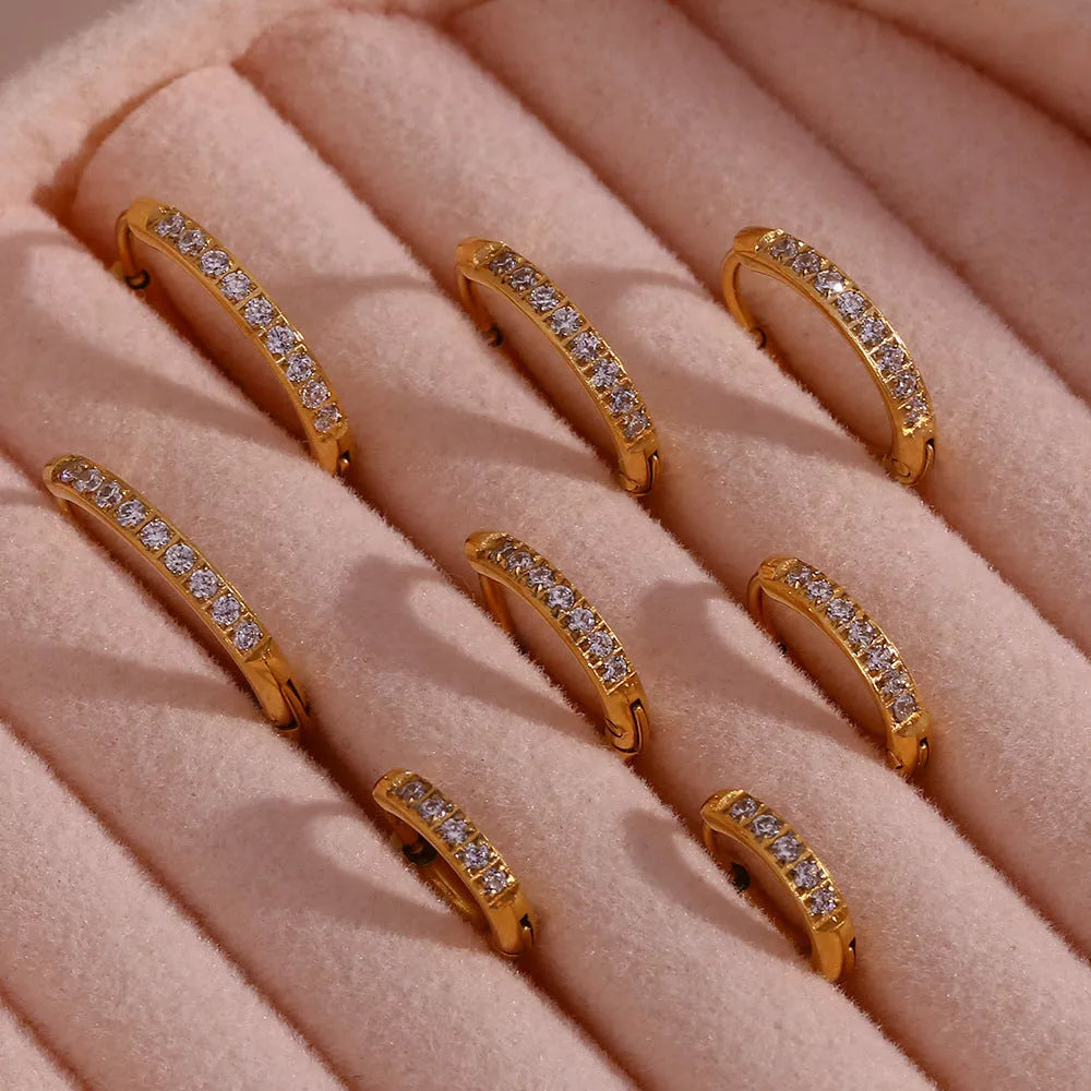 Women's titanium steel rounded edge zircon earrings in gold and steel finishes