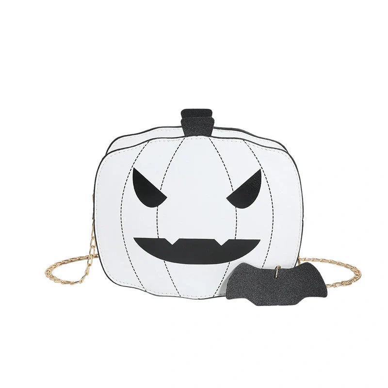 Enchanting Halloween pumpkin-themed shoulder bag in various colours, featuring an adjustable chain strap and trendy urban style