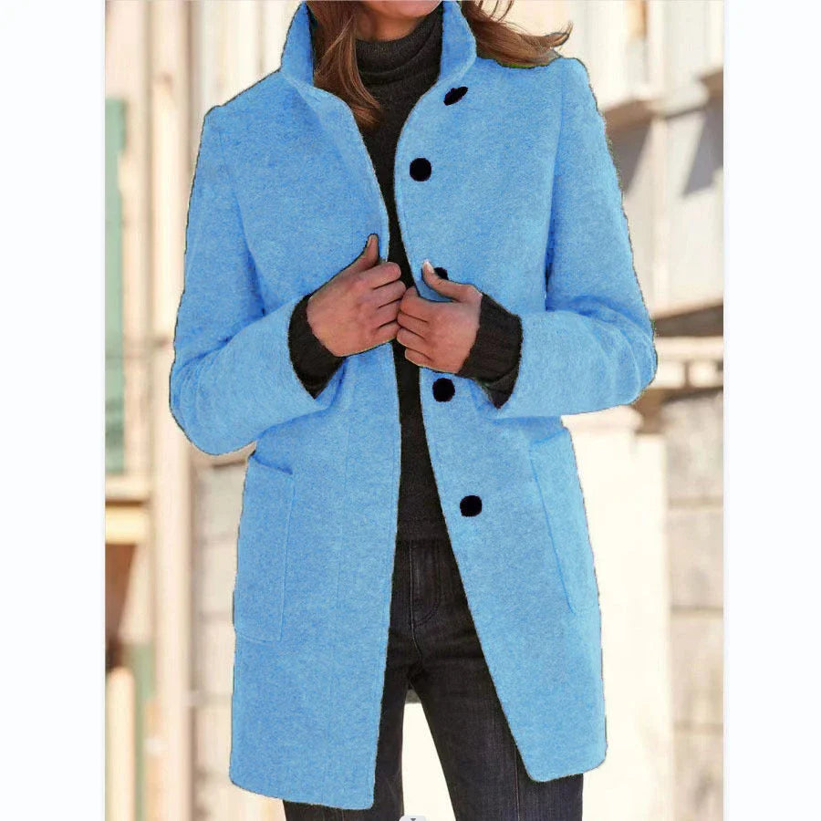 Fashionable wool coat with stand collar and pockets for women's fall/winter outerwear