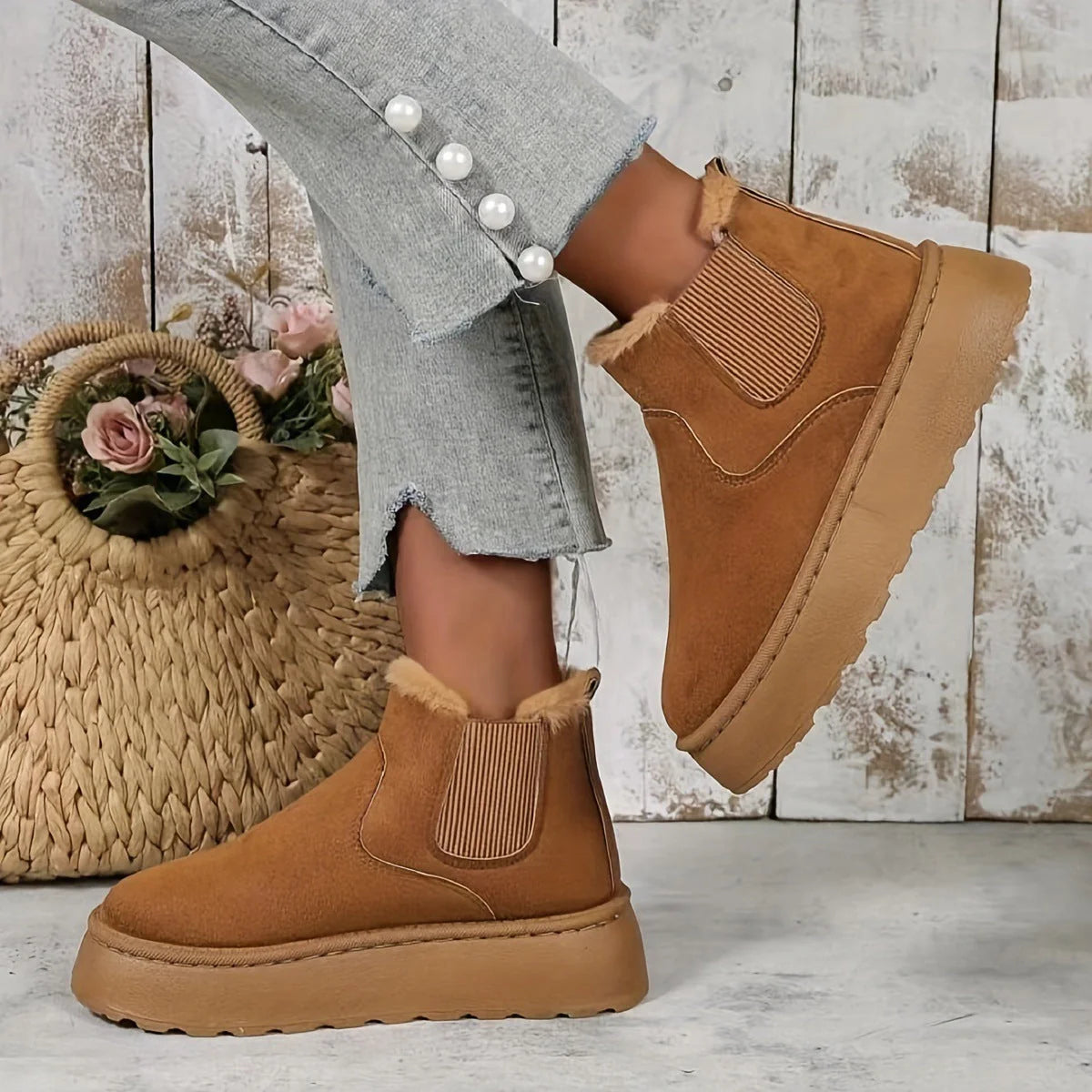 Stylish women's winter snow boots in various colours, featuring a thick sole and plush lining for warmth.