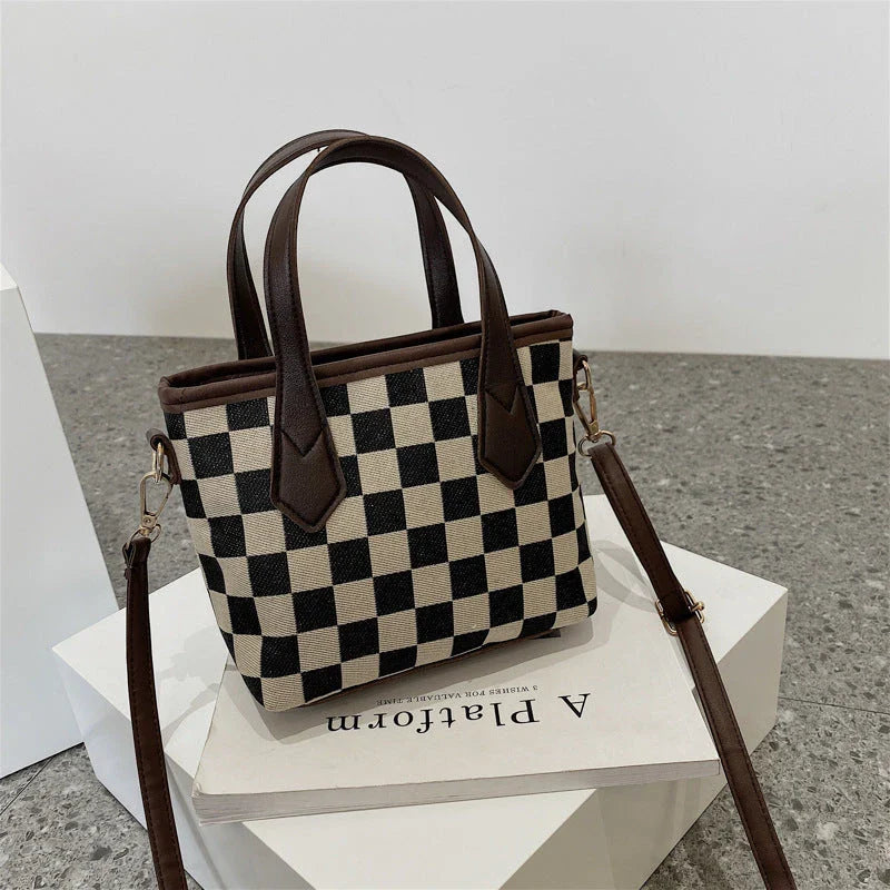 Stylish houndstooth shoulder bags in various colors, including black, coffee, and brown, with and without pendants, featuring a portable and versatile design for everyday use.