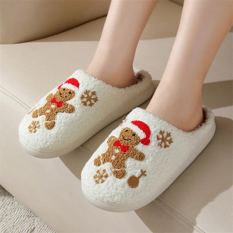 Cozy Christmas snowflake and gingerbread man slippers with plush, non-slip soles for comfortable indoor wear