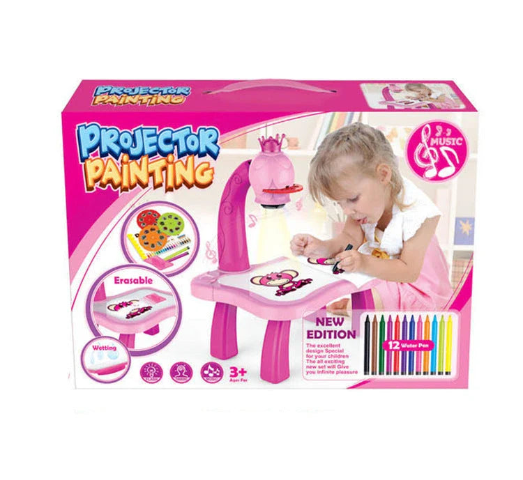 A smart projection art desk with various colourful patterns, drawing pens, and a blank drawing book, designed to stimulate children's creativity and intellectual development.