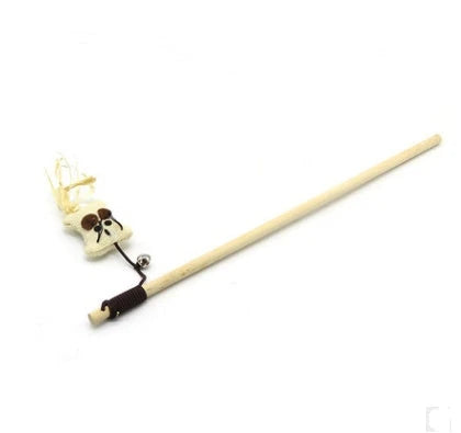 A handcrafted cat toy made from solid wood and natural materials, featuring a feather-on-a-stick design to captivate and engage your feline friend.