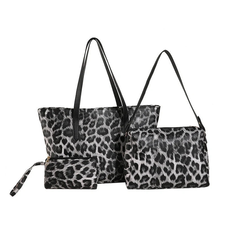 Leopard print tote set with multiple compartments and double shoulder straps