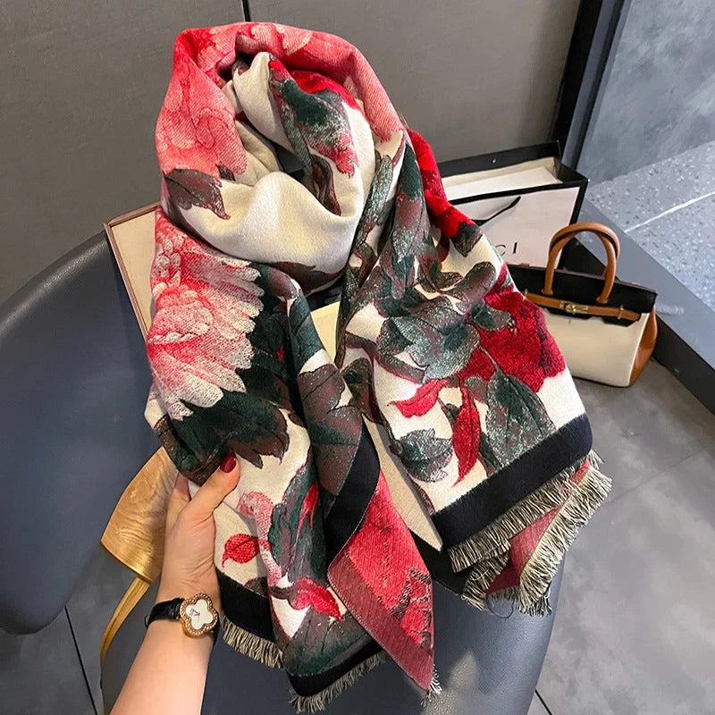 Retro Floral Imitation Cashmere Scarf for Women in Beige Red