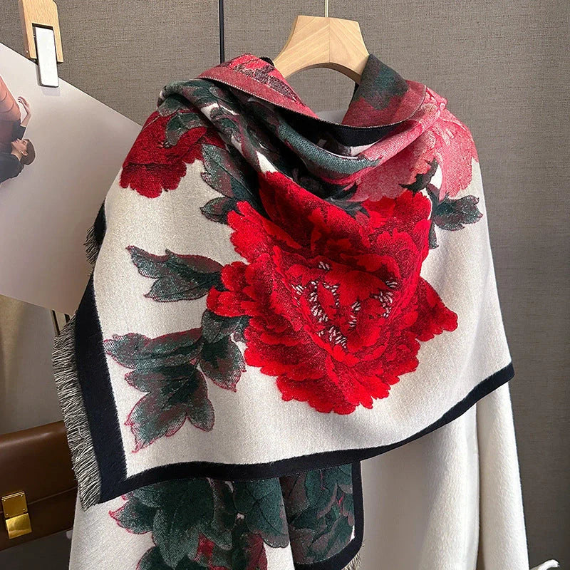 Retro Floral Imitation Cashmere Scarf for Women in Beige Red