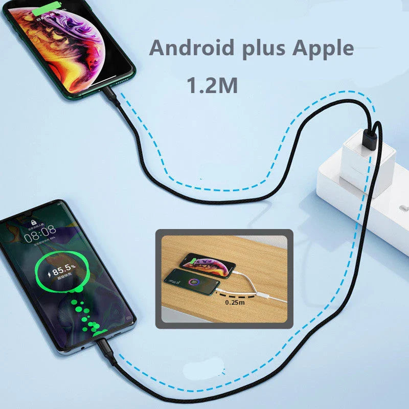 Versatile braided charging cable with simultaneous dual-device support for fast 5A charging
