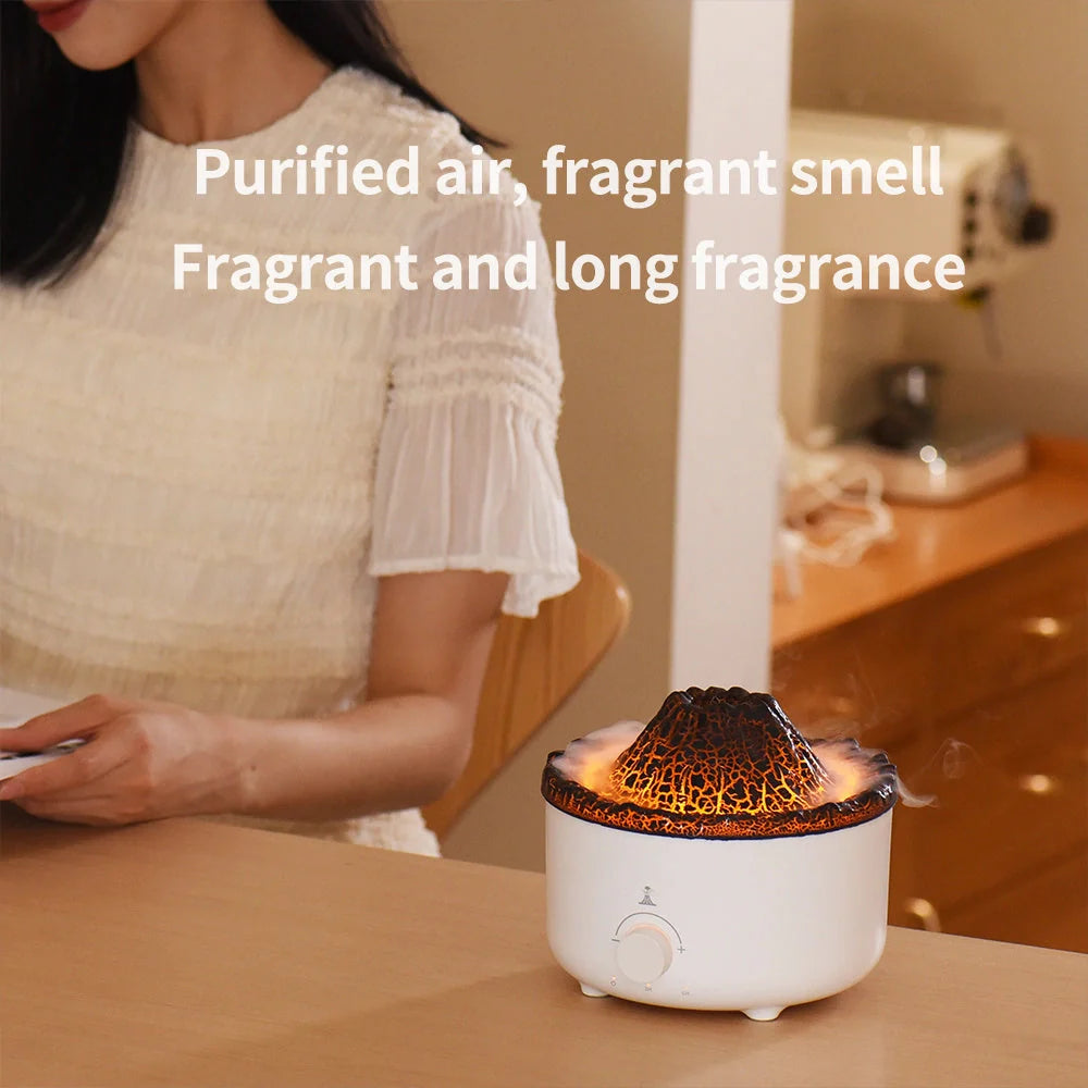 Small simulated flame volcano humidifier with aroma diffuser and remote control