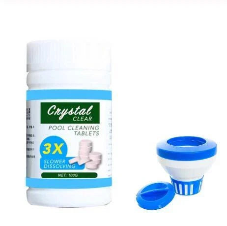 Aqua Fizz effervescent pool maintenance tablets in a box and dispenser on a white background