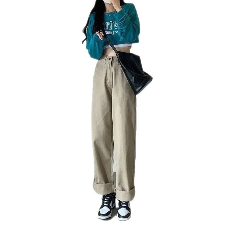 High waist wide leg jeans in khaki, retro style with button details