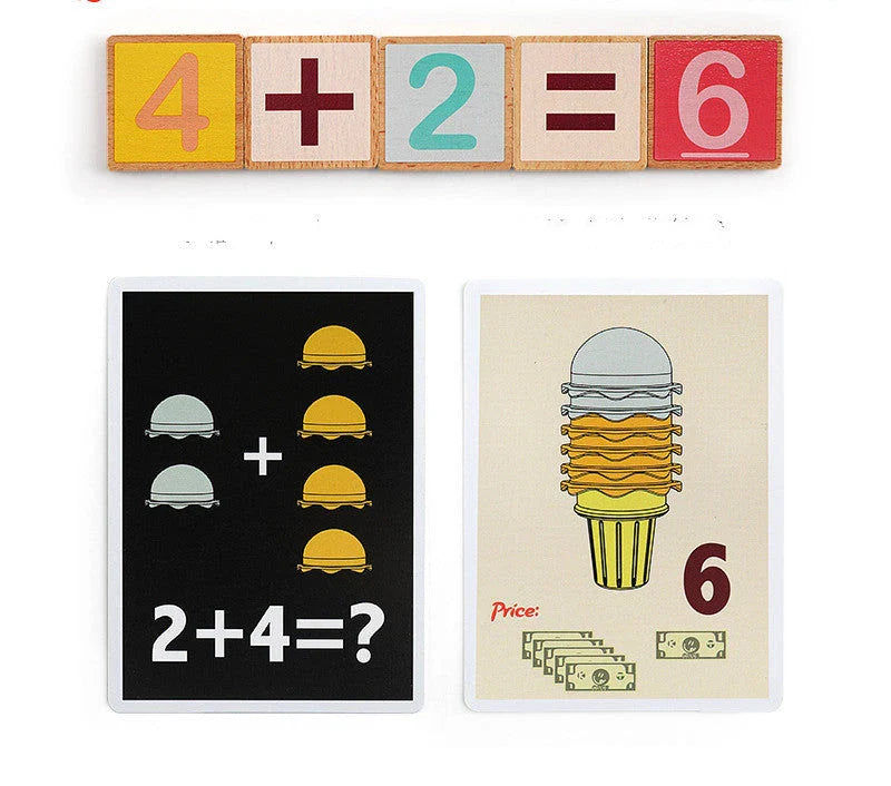 Colorful wooden ice cream kitchen playset with scoops, cash register, and menu cards for educational and imaginative play