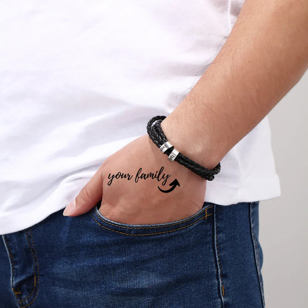 Personalized Leather Bracelet with Engraved Name Charm in Black and Brown Colors