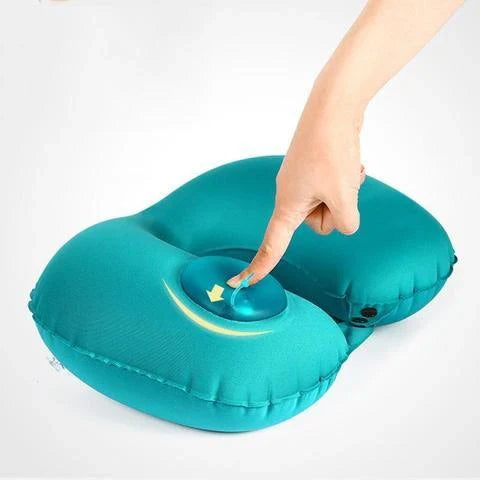 Inflatable travel pillow with U-shaped design for neck and head support, available in multiple colors
