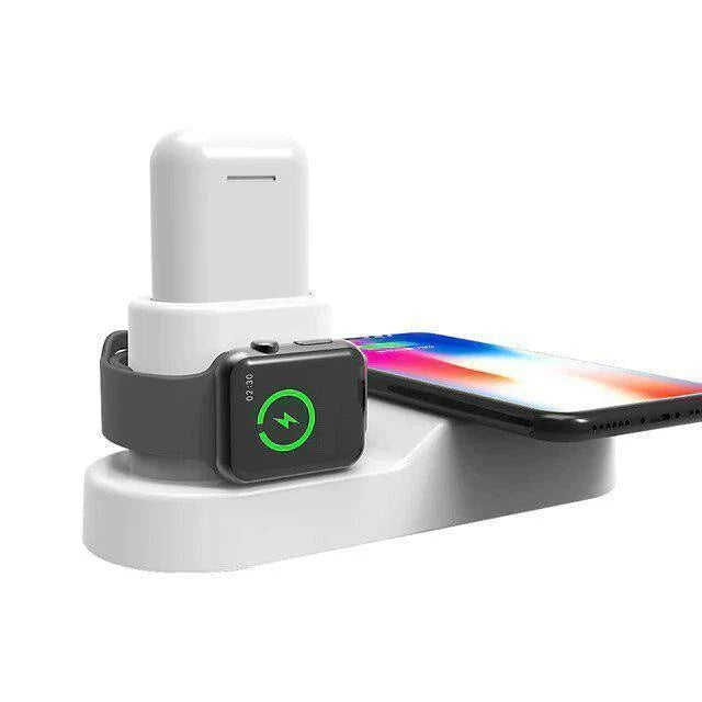 A modern, minimalist 3-in-1 wireless charging station for smartphones, smartwatches, and wireless earbuds