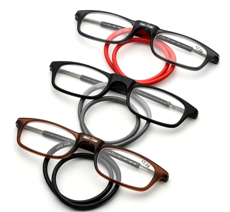 Stylish magnetic neck reading glasses with adjustable titanium frames in various colours