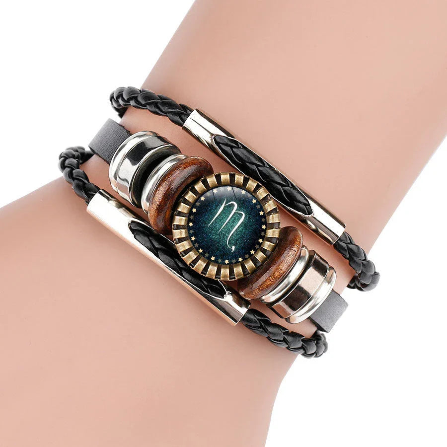 Stylish multilayer leather bracelet with zodiac sign artwork, suitable for men