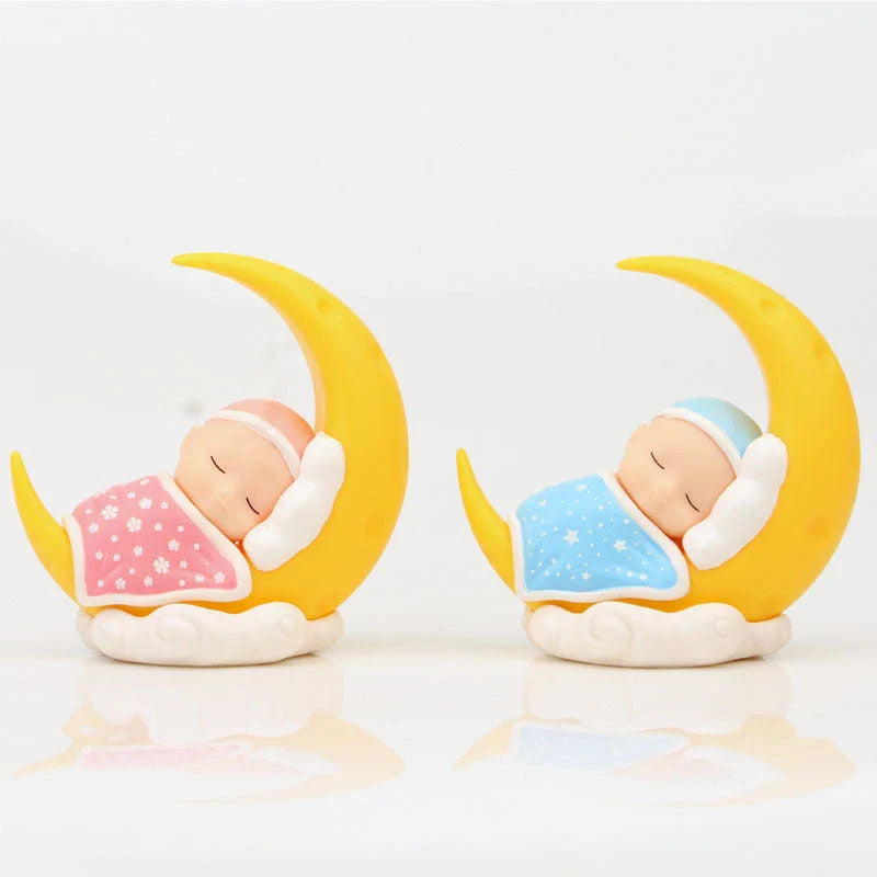 Adorable moon-themed cake toppers with sleeping baby design, perfect for kids' birthday parties and celebrations