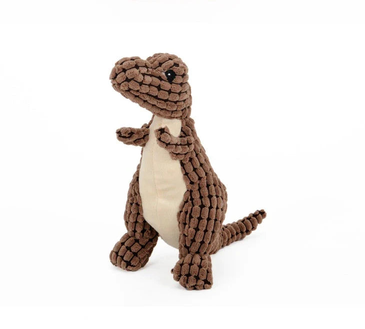 Dinosaur-themed plush chew toys for large dogs, featuring durable corn velvet exterior and soft, squeaky filling materials