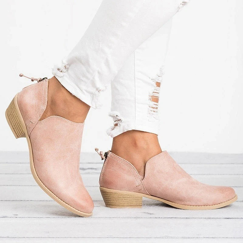 Stylish retro high heel ankle boots for women in pink, black, and beige