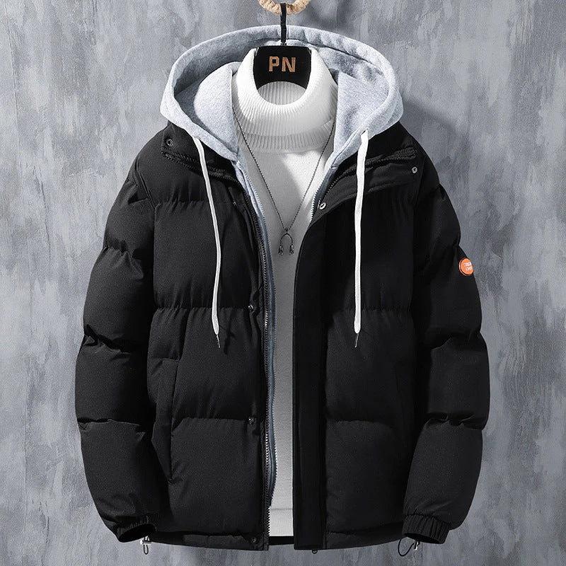Premium insulated winter jacket for men in various colors, including black, khaki, pink, and blue. The jacket features a hooded design, front zipper closure, and adjustable drawstrings for a customized fit.