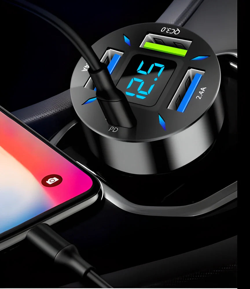 Super fast 66W USB car charger with PD quick charge port for rapid multi-device charging during road trips