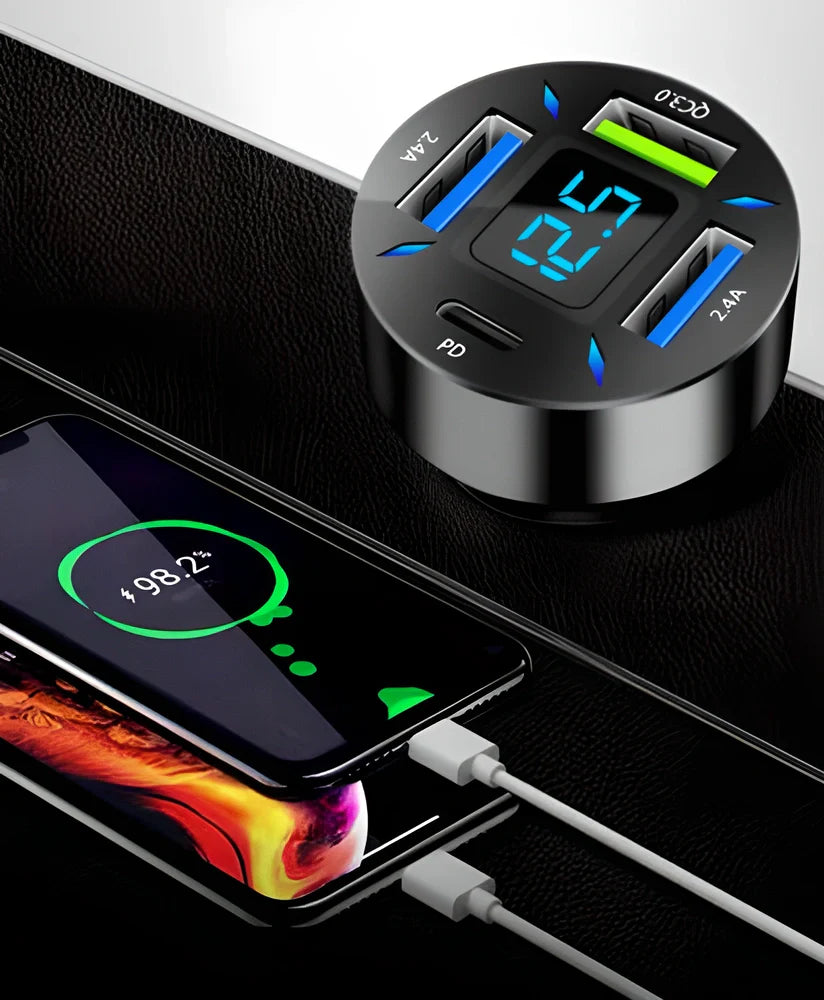 Super fast 66W USB car charger with PD quick charge port for rapid multi-device charging during road trips